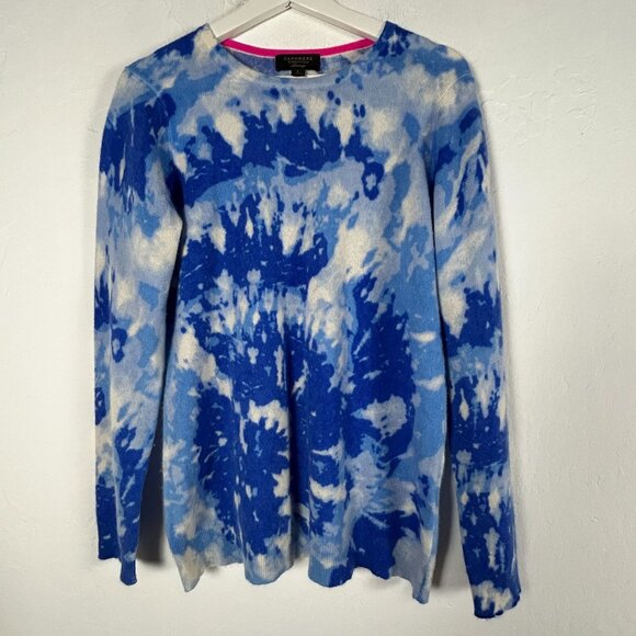 Charter Club Cashmere Sweater Large Blue White Tie-Dye Crewneck Luxury Soft - Picture 1 of 7